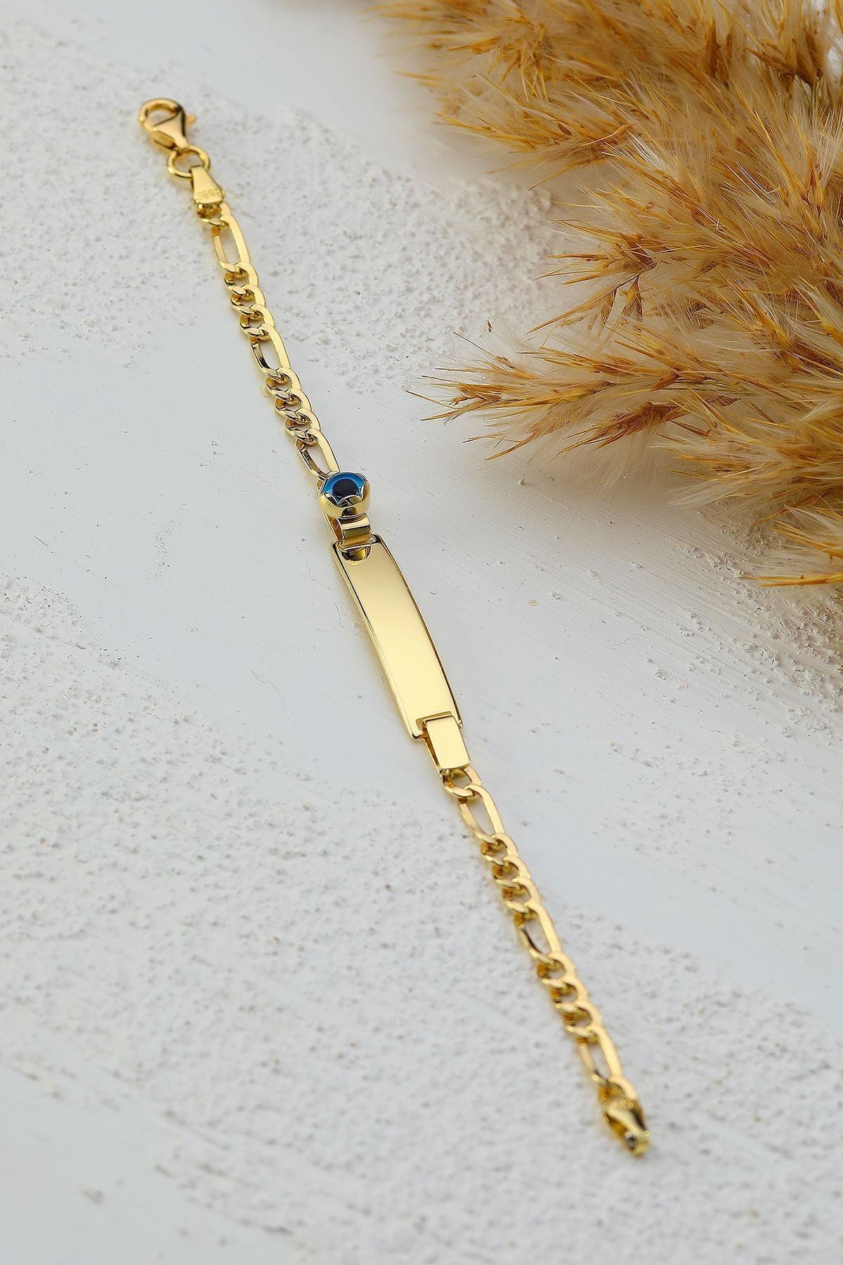 Unisex Çocuk Sarı  14 Ayar Altın Nazar Göz Taşlı Künye Bileklik