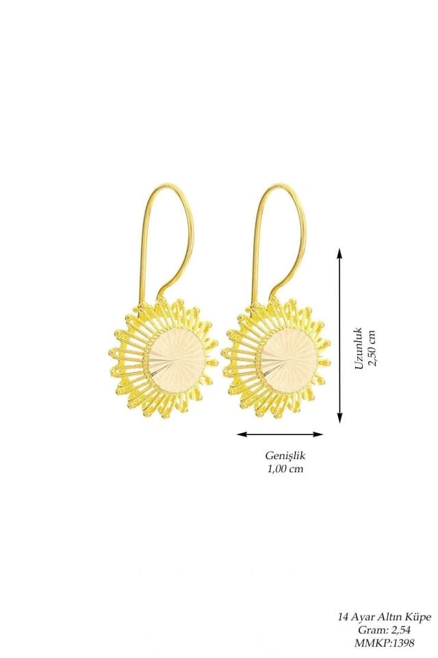 14 Ayar Altın Güneş Telkari Küpe 2.5 Cm