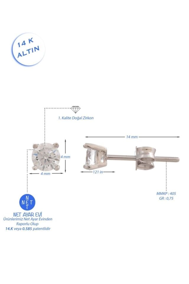14 Ayar Altın Tek Taş Beyaz Küpe 4 mm