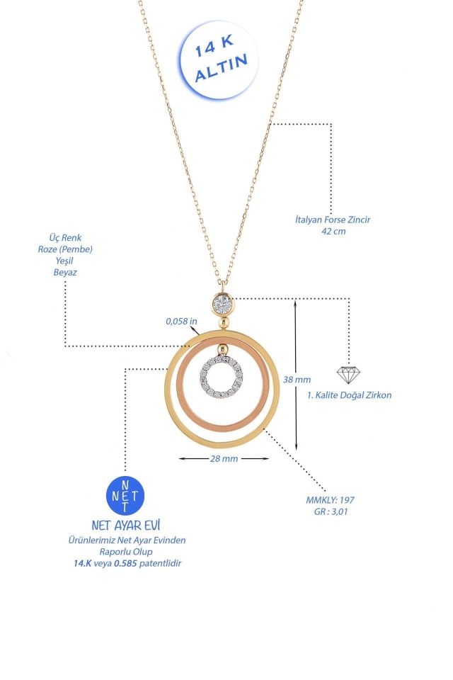 Moom Mücevherat Kadın Yeşil Beyaz Rose Üç Renk Kolye 14 Ayar Altın