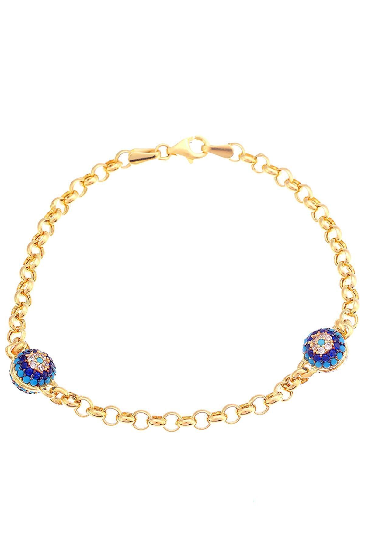 Kadın Sarı  Altın Firuze Göz Nazar Bileklik 14 Ayar