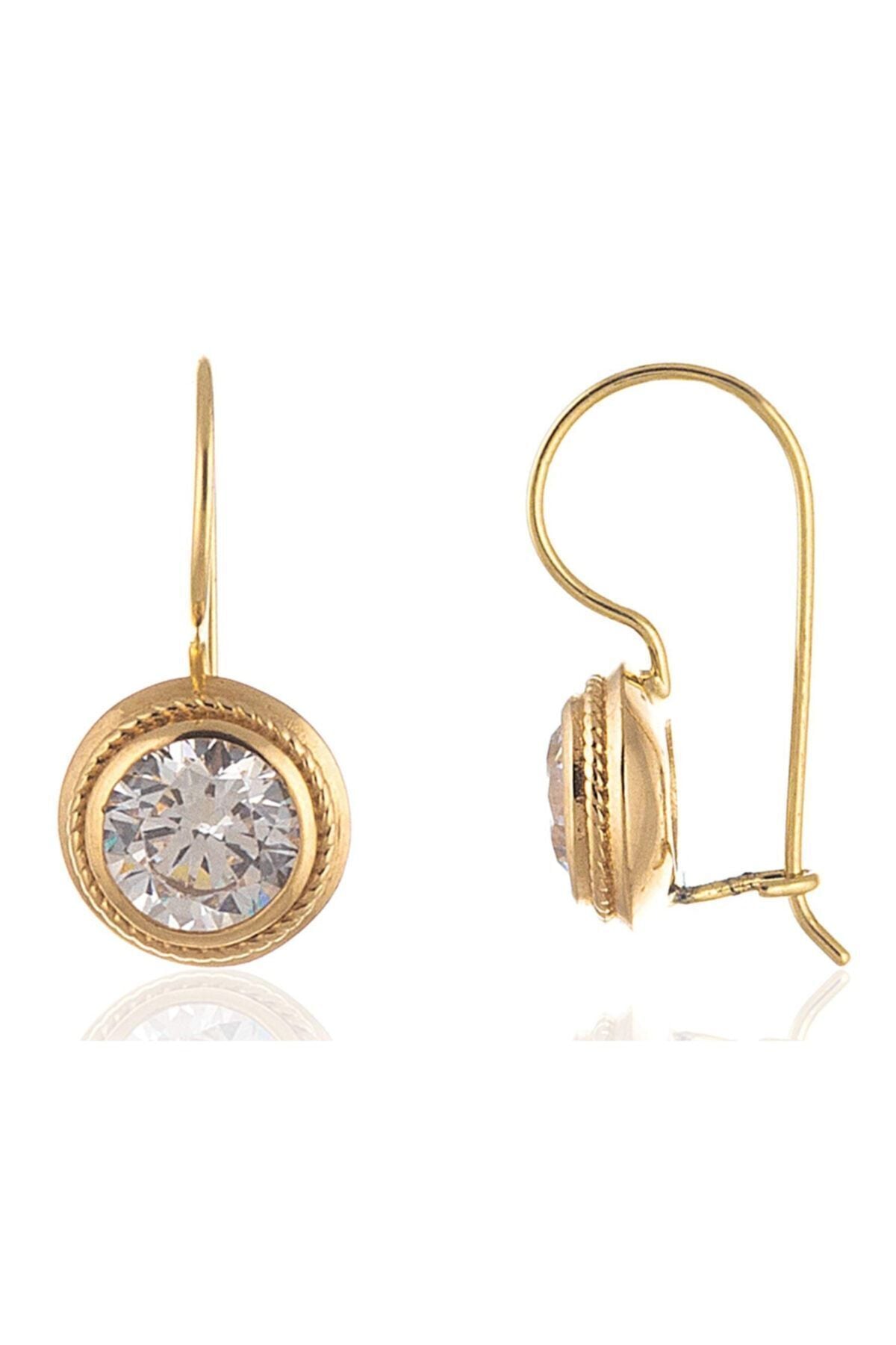 14 Ayar Altın Tek Taş Sallantılı Küpe 1.9 Cm