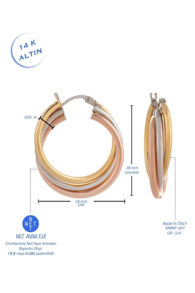 14 Ayar Altın 3 Renkli Sarı Rose Beyaz Halka Küpe 2.8 Cm