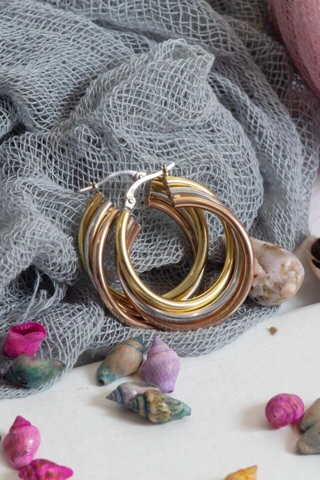 14 Ayar Altın 3 Renkli Sarı Rose Beyaz Halka Küpe 2.8 Cm
