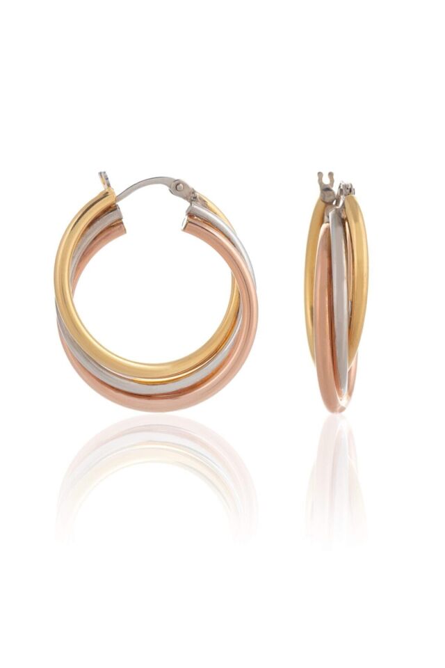 14 Ayar Altın 3 Renkli Sarı Rose Beyaz Halka Küpe 2.8 Cm