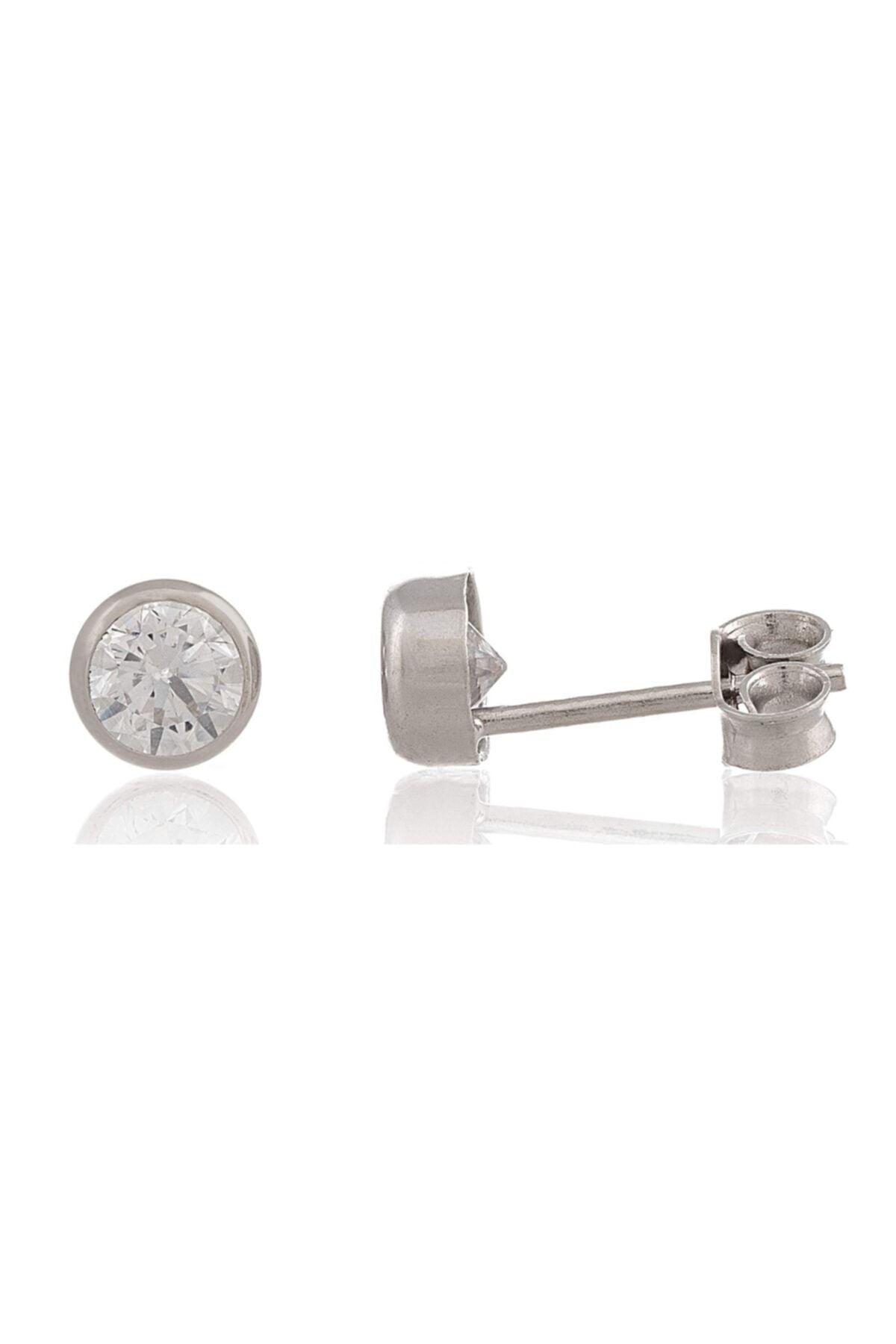 14 Ayar Altın Tek Taş Beyaz Küpe 5 mm