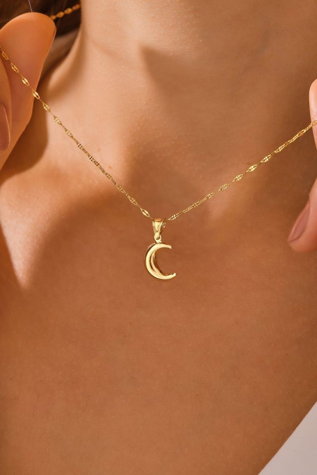 MOOM MÜCEVHERAT 14 Ayar Altın Aynalı Zincir Hilal Altın Kolye (40cm,45cm,50cm,55cm) 50 CM