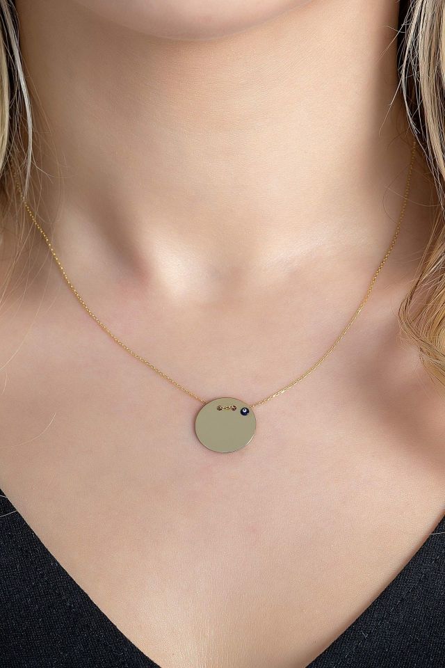 Moom Mücevherat Kadın Göz Boncuklu Plakalı Kolye 14 Ayar Altın