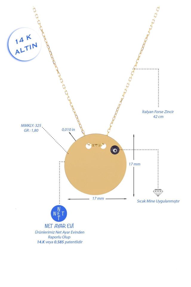 Moom Mücevherat Kadın Göz Boncuklu Plakalı Kolye 14 Ayar Altın