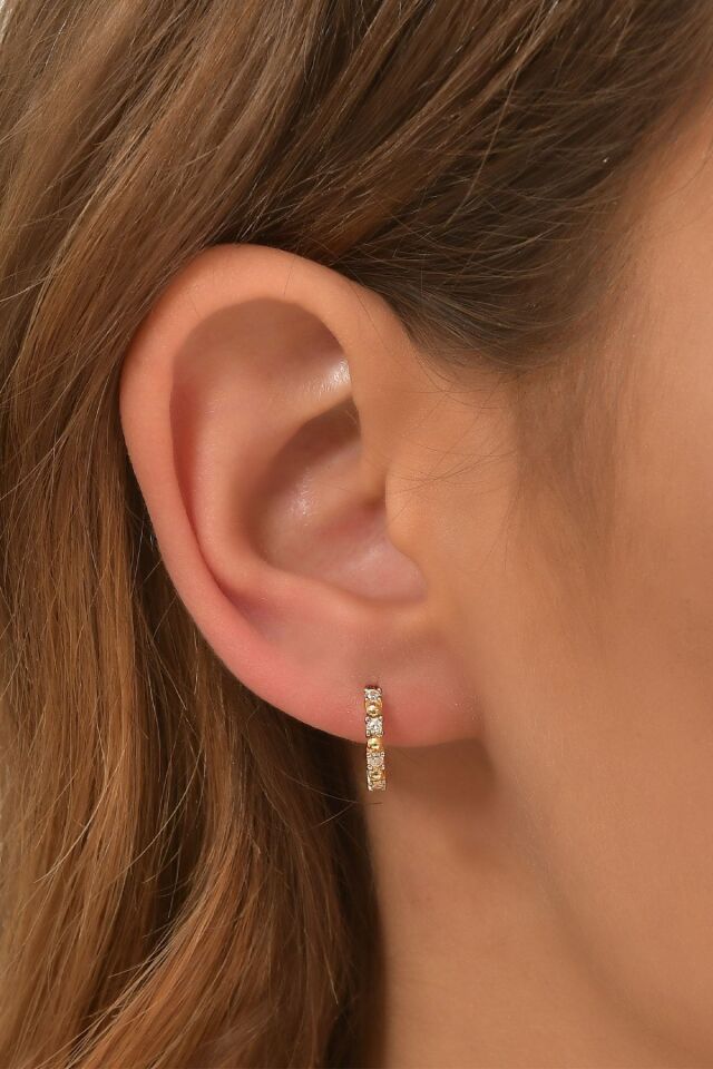14 Ayar Altın Minimalist Taşlı Halka Küpe 1.2 Cm Sarı