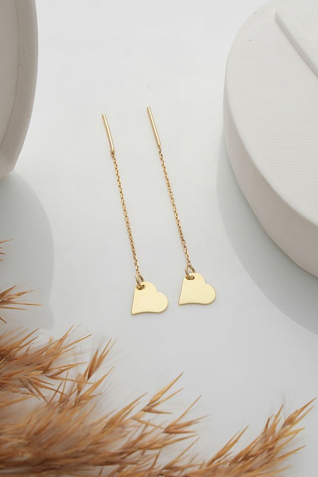 MOOM MÜCEVHERAT 14 Ayar Altın Zincir Sallantılı Kalp Küpe