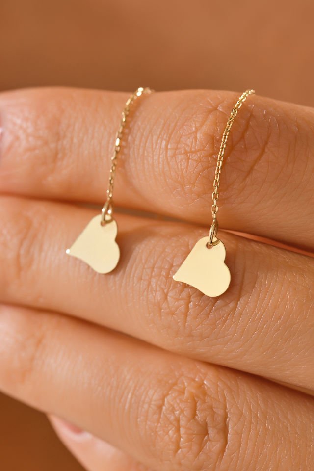 MOOM MÜCEVHERAT 14 Ayar Altın Zincir Sallantılı Kalp Küpe