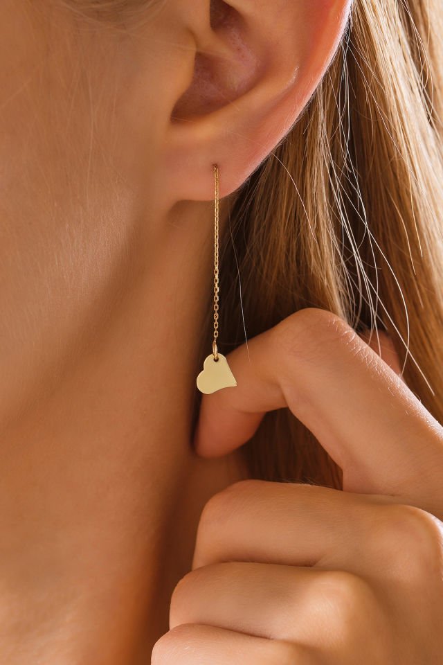 MOOM MÜCEVHERAT 14 Ayar Altın Zincir Sallantılı Kalp Küpe