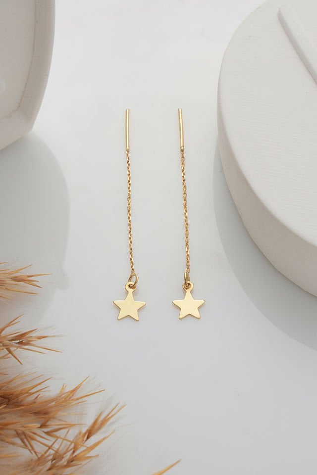 MOOM MÜCEVHERAT 14 Ayar Altın Zincir Sallantılı Yıldız Küpe