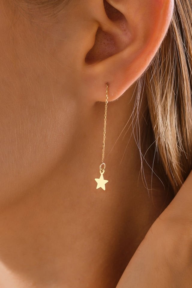 MOOM MÜCEVHERAT 14 Ayar Altın Zincir Sallantılı Yıldız Küpe