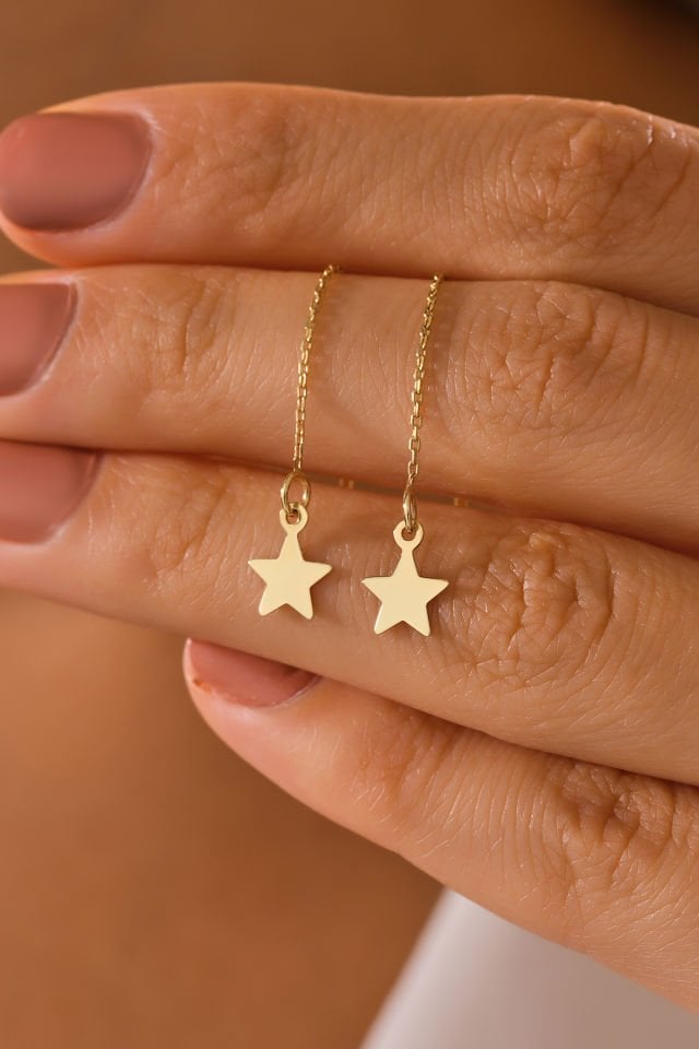 MOOM MÜCEVHERAT 14 Ayar Altın Zincir Sallantılı Yıldız Küpe