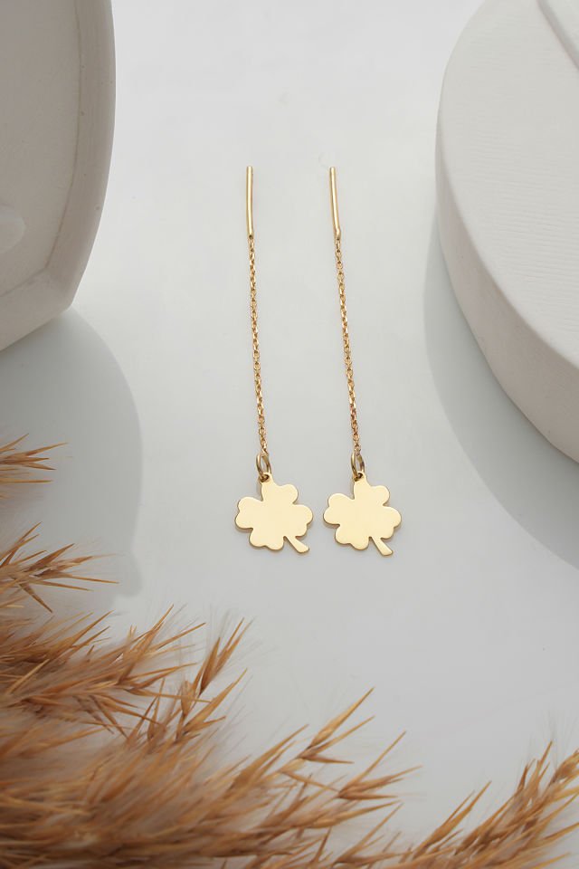 MOOM MÜCEVHERAT 14 Ayar Altın Zincir Sallantılı Yonca Küpe