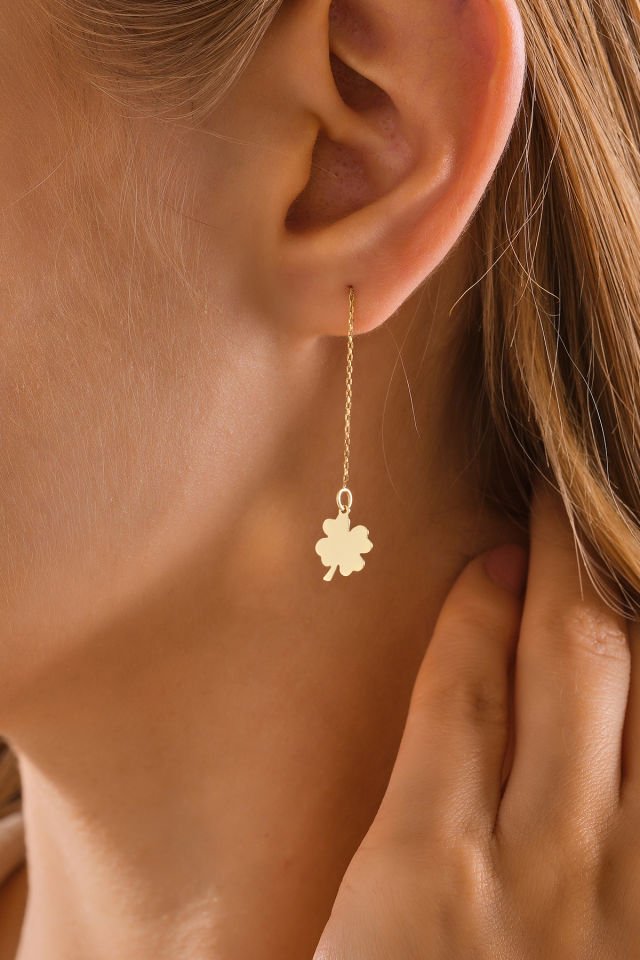 MOOM MÜCEVHERAT 14 Ayar Altın Zincir Sallantılı Yonca Küpe