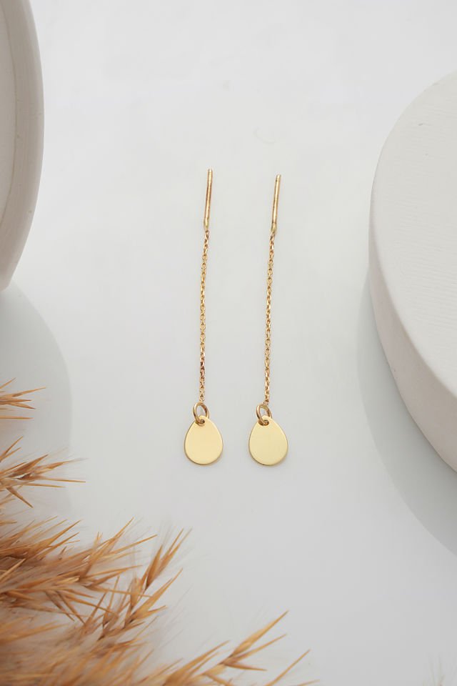 MOOM MÜCEVHERAT 14 Ayar Altın Zincir Sallantılı Damla Küpe