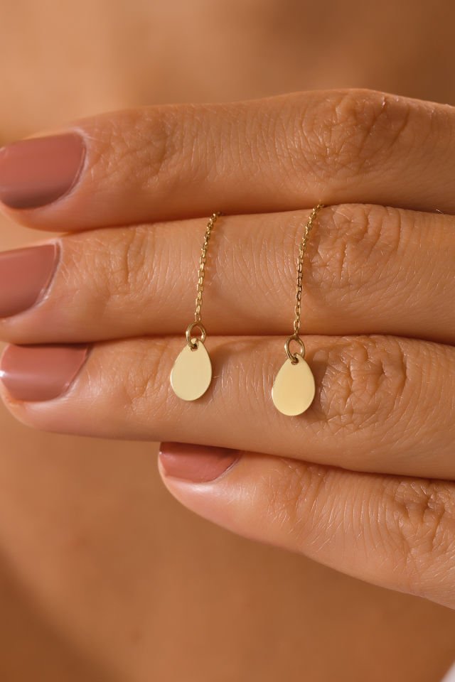 MOOM MÜCEVHERAT 14 Ayar Altın Zincir Sallantılı Damla Küpe