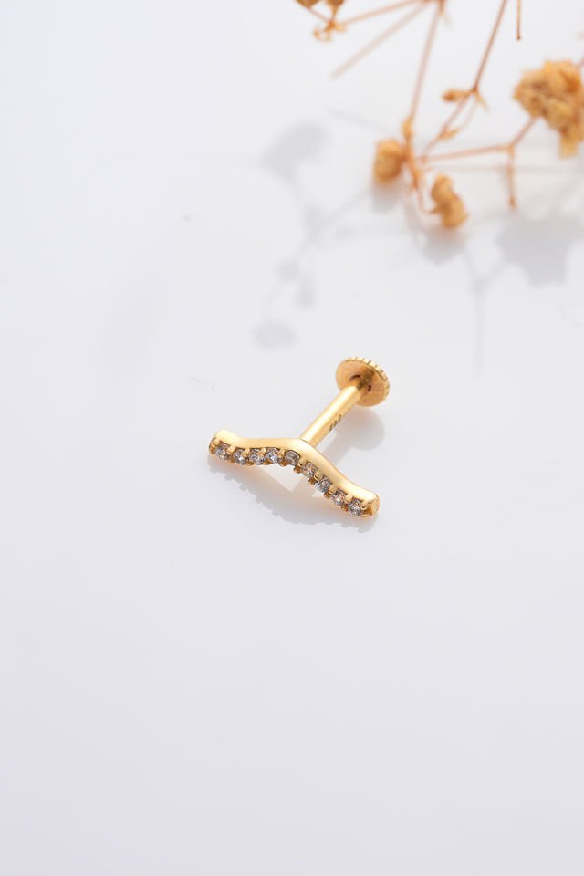 MOOM MÜCEVHERAT 14 Ayar Altın Tragus Küpe Esli Su Yolu Vidalı