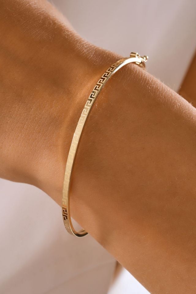 14 Ayar Altın Lazer Grek Desenli Kelepçe Bilezik