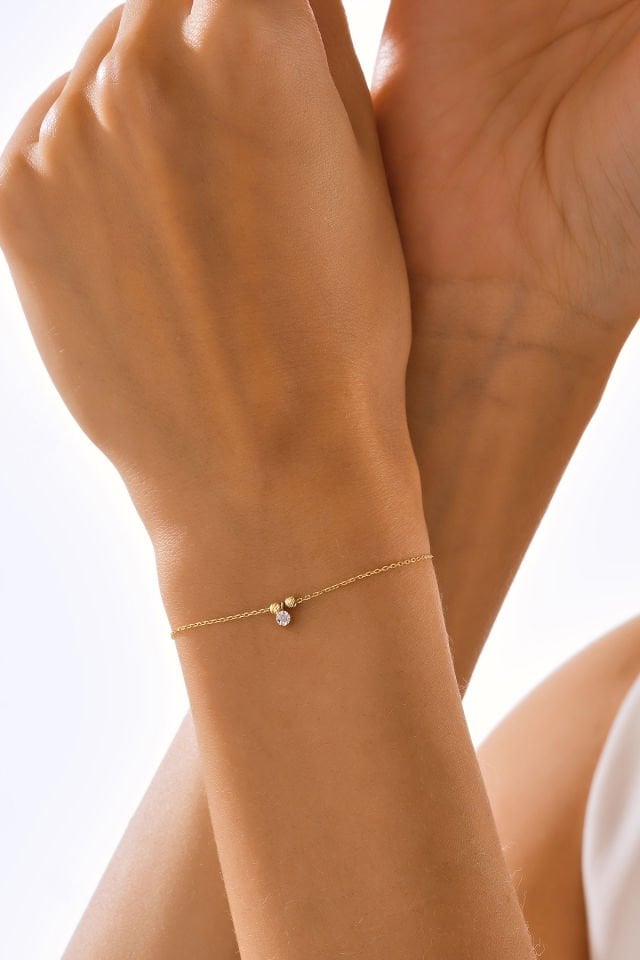 MOOM MÜCEVHERAT 14 Ayar Altın Mini Dorika Toplu Pırlanta Bileklik Efektli