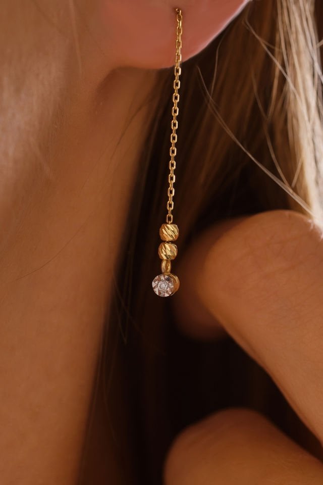 MOOM MÜCEVHERAT 14 Ayar Altın Mini Dorika Toplu Pırlanta Küpe Efektli