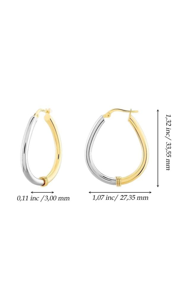 14 Ayar Altın 2 Renk Sarı Beyaz Halka Küpe 3.3 Cm