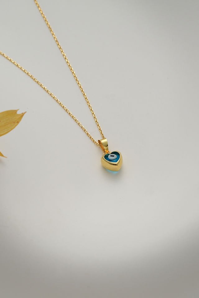 MOOM MÜCEVHERAT 14 Ayar Altın Mini Nazar Kalp Göz Kolye