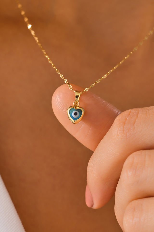 MOOM MÜCEVHERAT 14 Ayar Altın Mini Nazar Kalp Göz Kolye