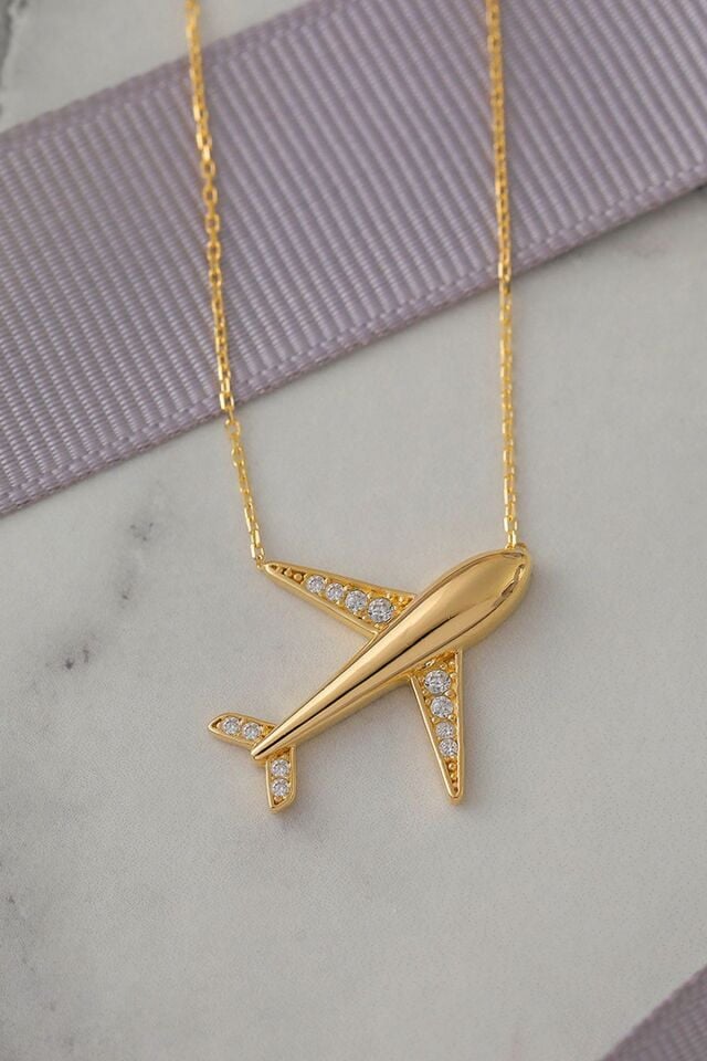 14 Ayar Altın Kolye Pilot Hostes Uçak Altın Kolye