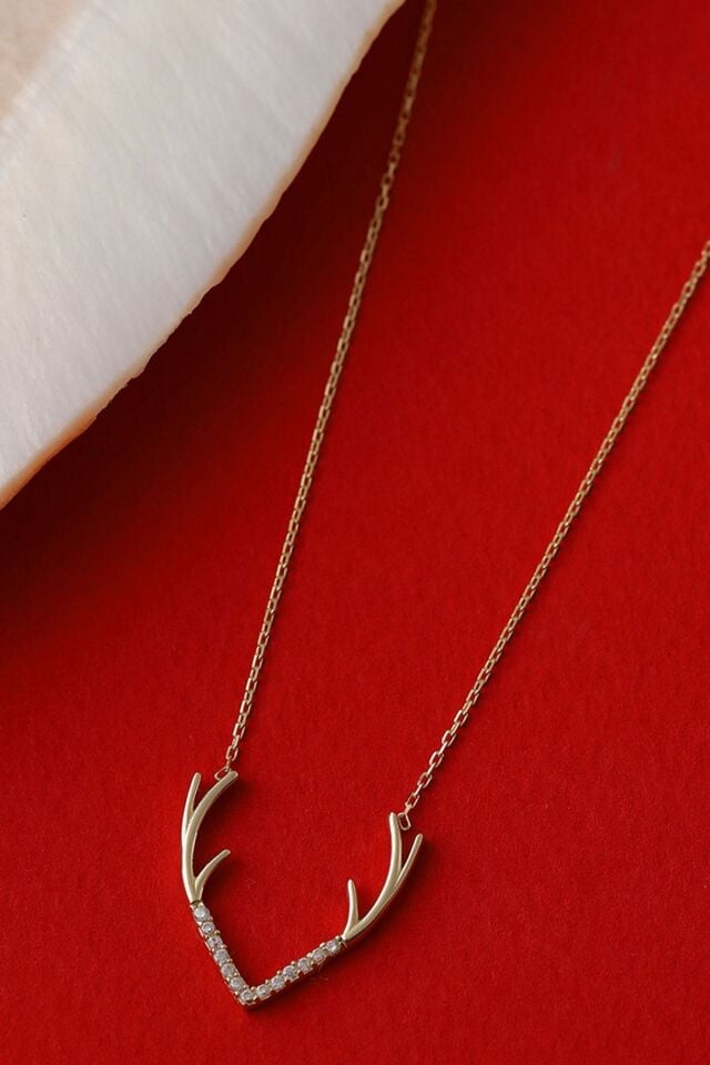 14 Ayar Altın Kolye Geyik Boynuzu Altın Kolye 45 Cm Uzunluk