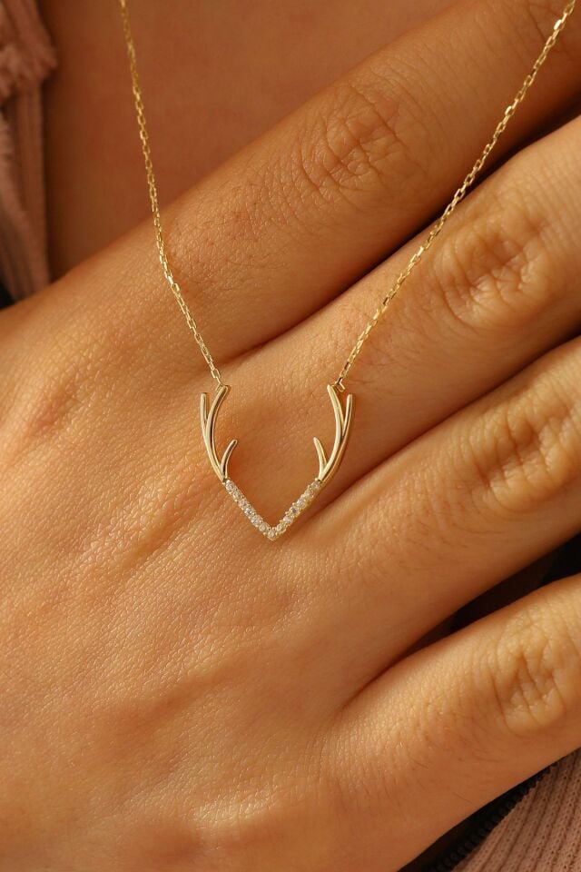 14 Ayar Altın Kolye Geyik Boynuzu Altın Kolye 45 Cm Uzunluk