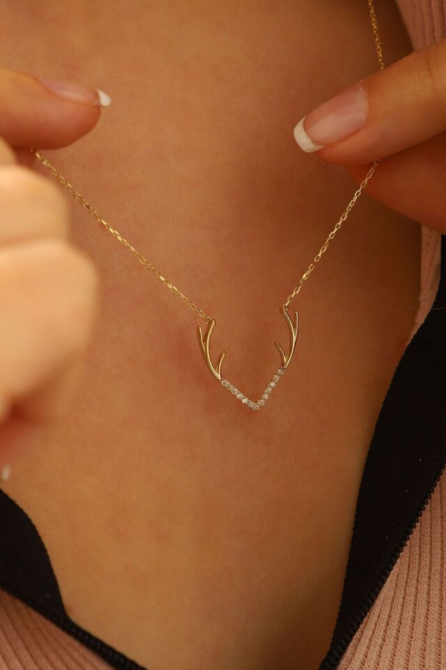 14 Ayar Altın Kolye Geyik Boynuzu Altın Kolye 45 Cm Uzunluk