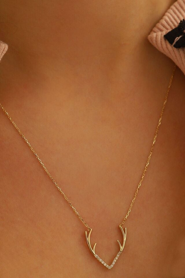 14 Ayar Altın Kolye Geyik Boynuzu Altın Kolye 45 Cm Uzunluk