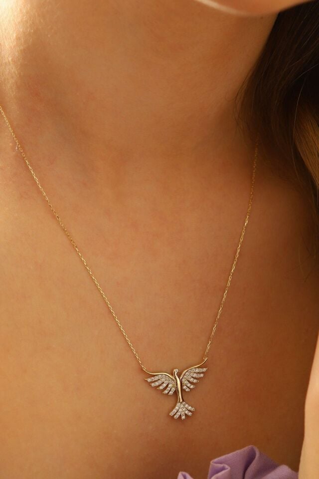 14 Ayar Altın Kolye Zümrütü Anka Kuşu Altın Kolye