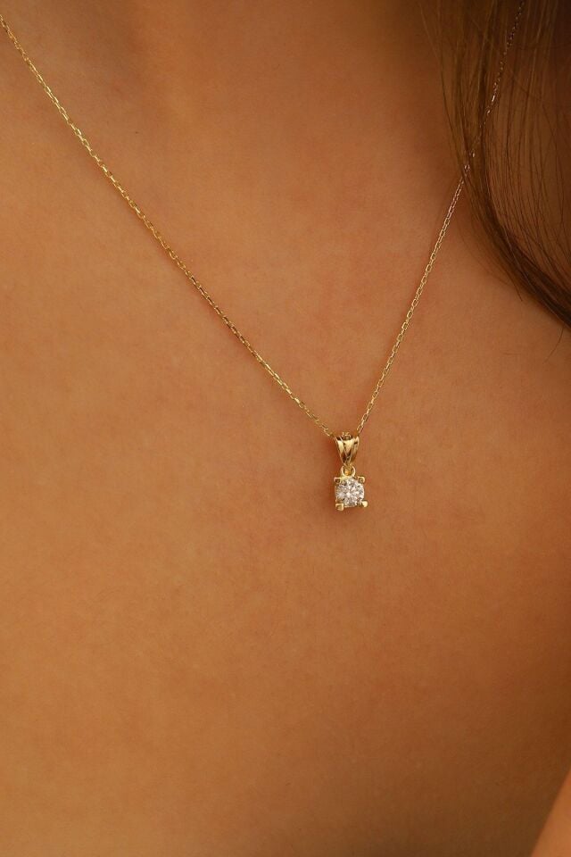 14 Ayar Altın Kolye Pırlanta Montürlü Tek Taş Zirkon Taşlı Altın Kolye