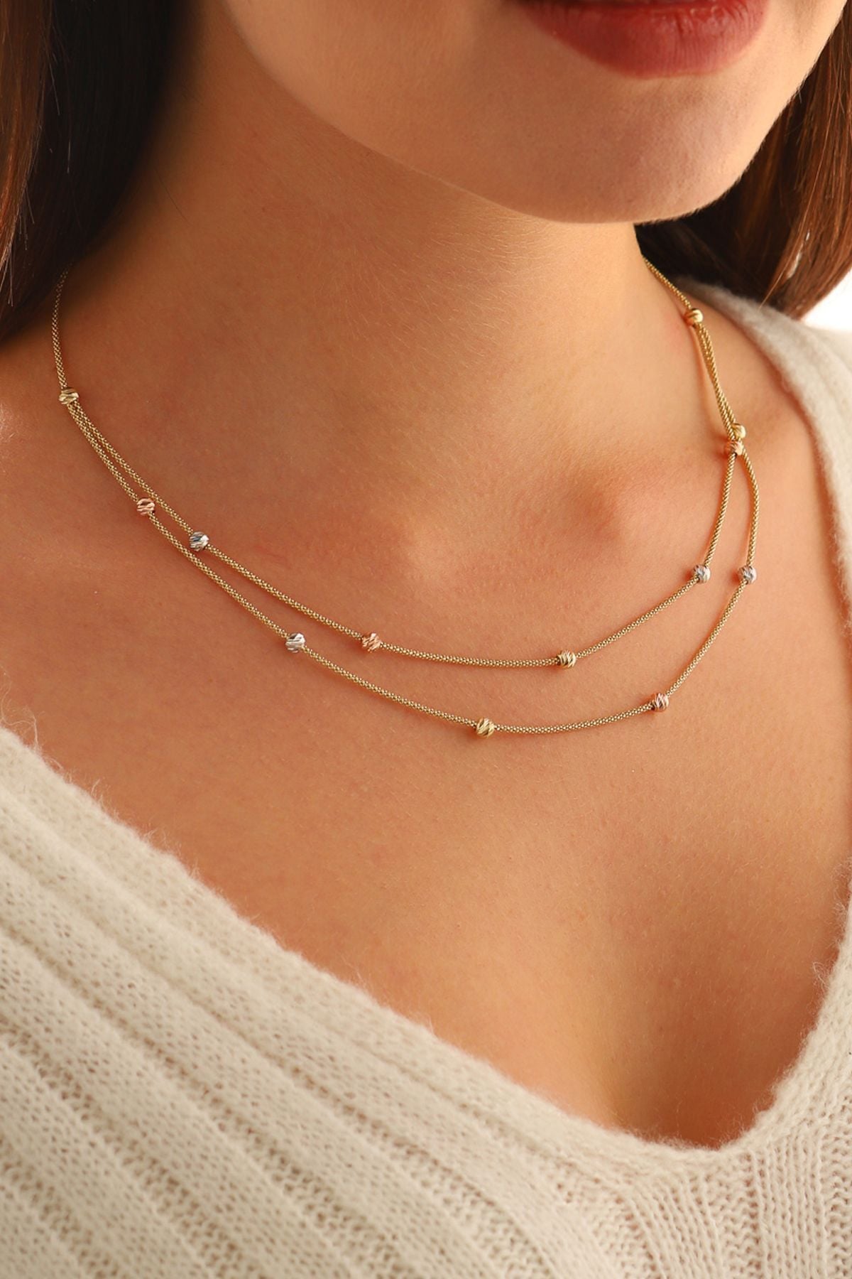 14 Ayar Altın Kolye Dorika Toplu Iki Sıra Popcorn Zincir Altın Kolye