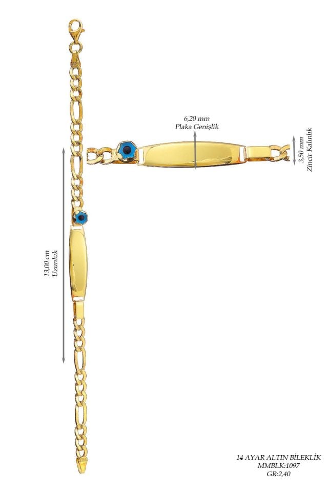 Moom Mücevherat Çocuk 14 Ayar Altın Nazar Göz Taşlı Künye Bileklik