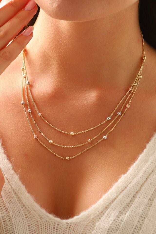 14 Ayar Altın Kolye Dorika Toplu Üç Sıra Popcorn Zincir Altın Kolye