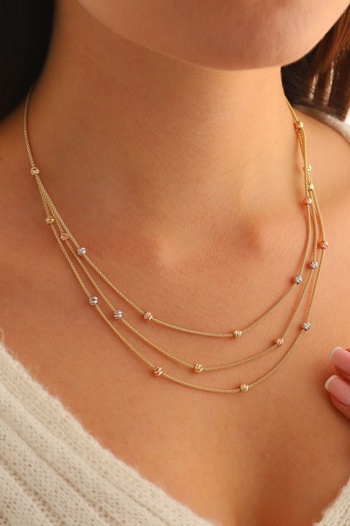 14 Ayar Altın Kolye Dorika Toplu Üç Sıra Popcorn Zincir Altın Kolye