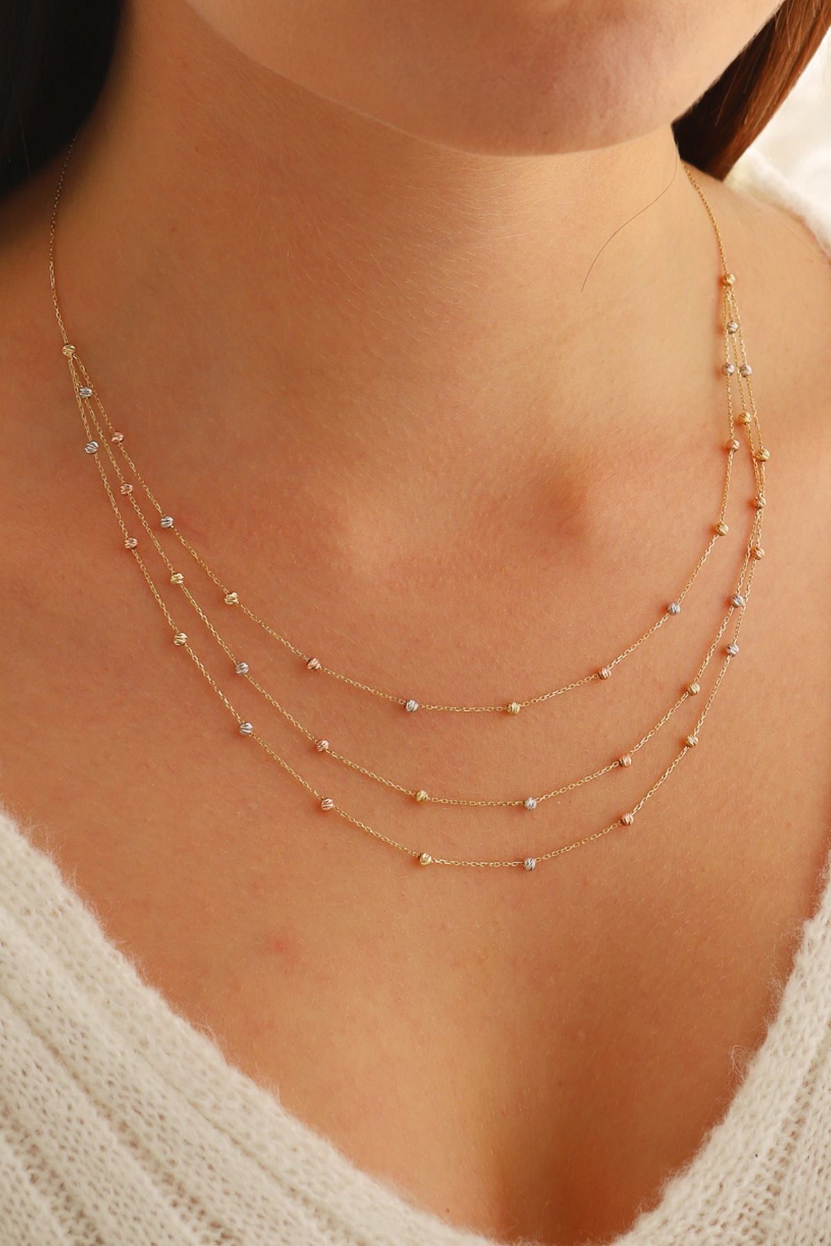 14 Ayar Altın Kolye Dorika Toplu Üç Sıra Forse Zincir Altın Kolye