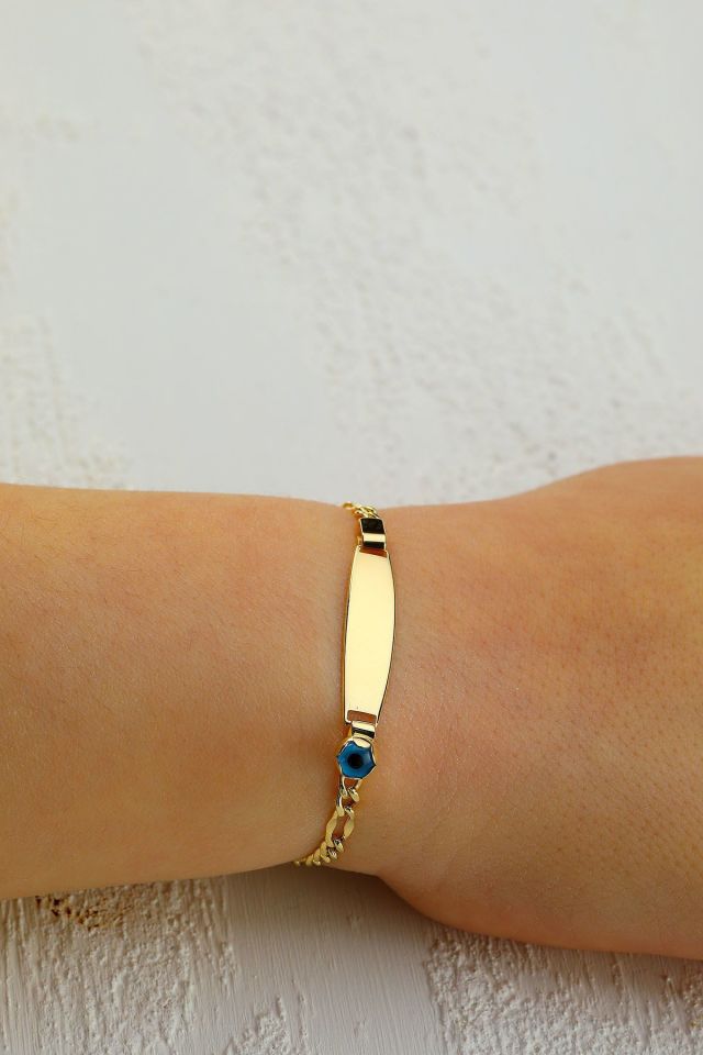 Moom Mücevherat Çocuk 14 Ayar Altın Nazar Göz Taşlı Künye Bileklik