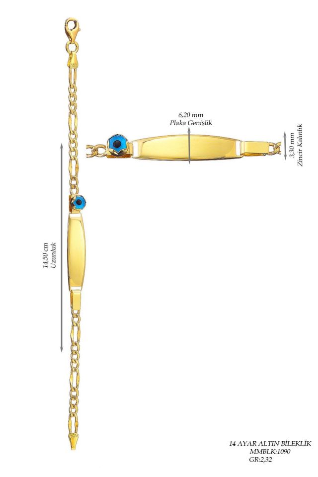 Moom Mücevherat Çocuk 14 Ayar Altın Nazar Göz Taşlı Künye Bileklik