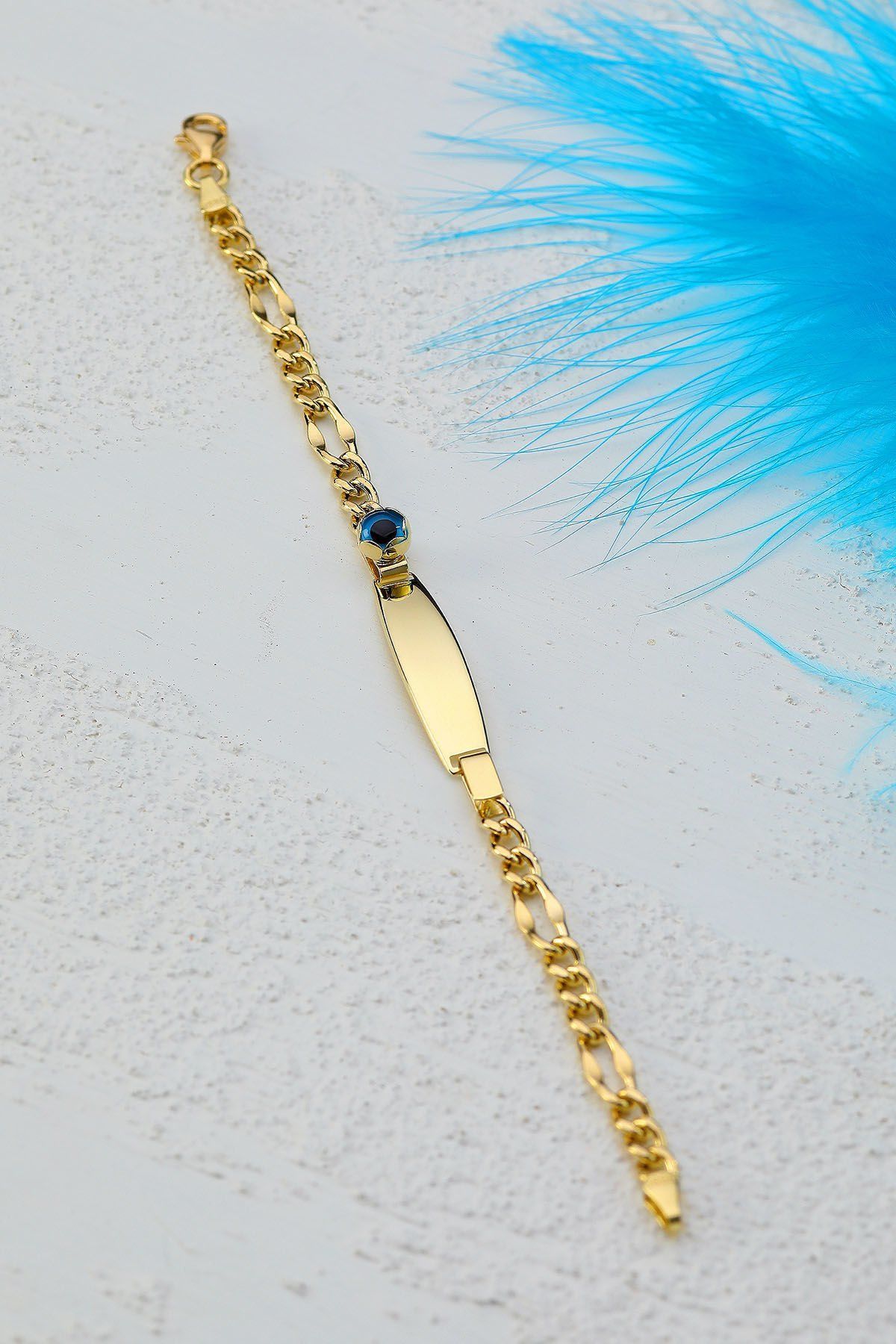 Moom Mücevherat Çocuk 14 Ayar Altın Nazar Göz Taşlı Künye Bileklik