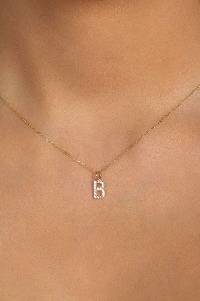 14 Ayar Altın Kolye B Harfi Taşlı Altın Kolye Tüm Harfler Mevcut