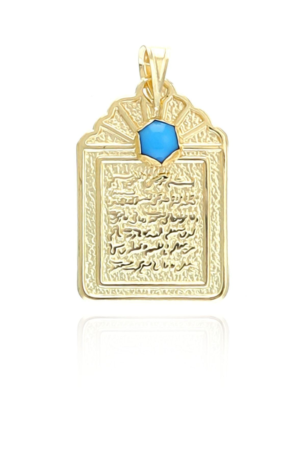 14 Ayar Altın Vintage Maşallah Yazılı Mavi Taşlı Kolye Ucu