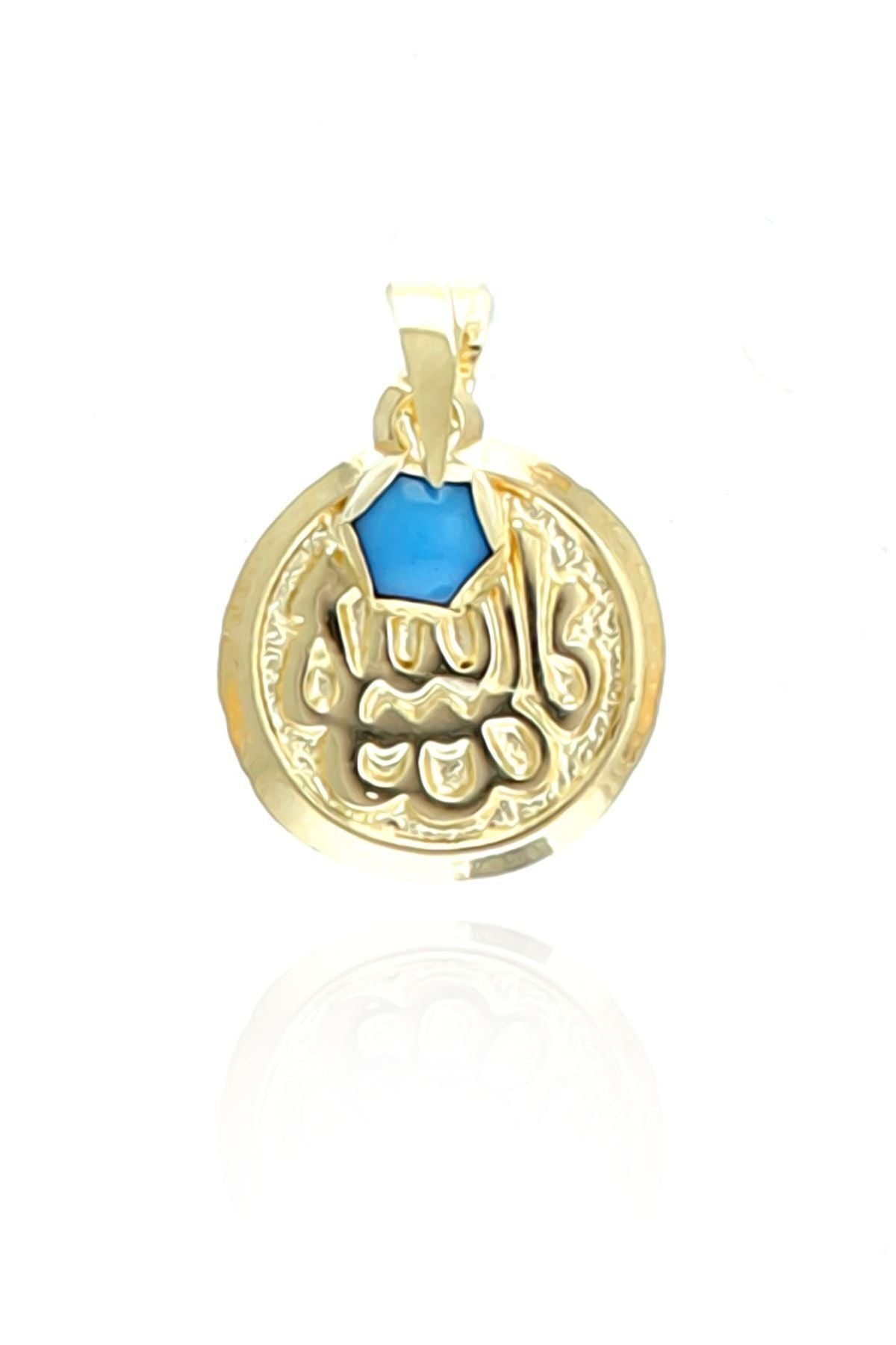 14 Ayar Altın Maşallah Yazılı Mavi Taşlı Yuvarlak Kolye Ucu 2.2 Cm