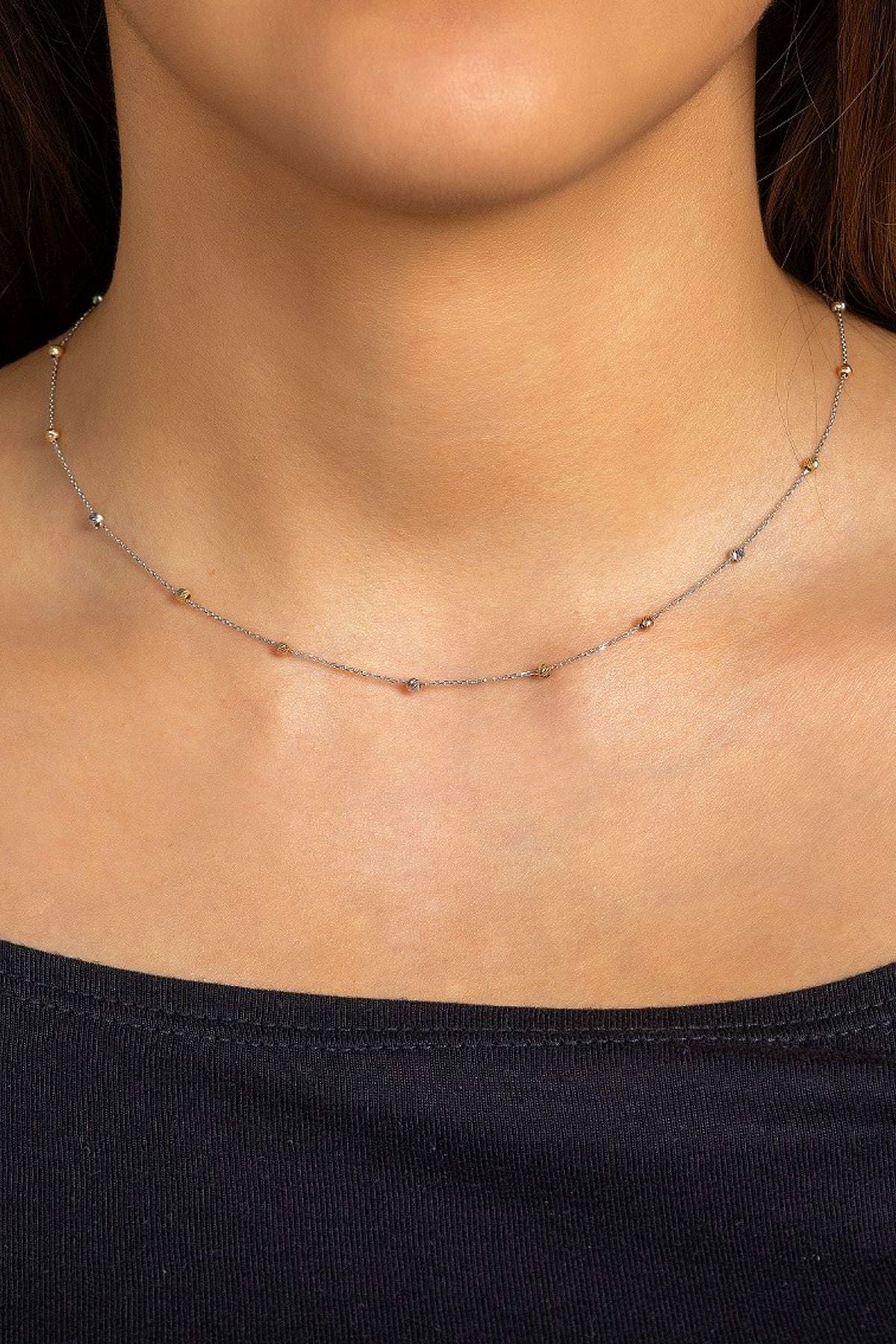 14 Ayar Altın Kolye Dorika Toplu Beyaz Zincir Altın Kolye Üç Renk